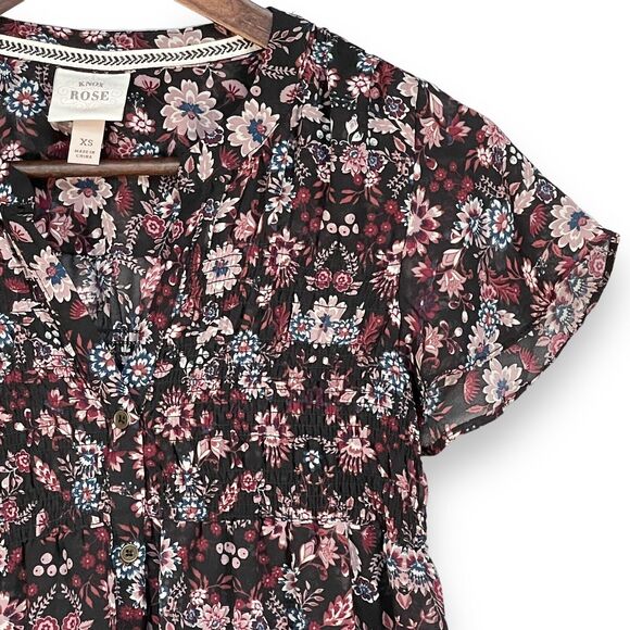 Knox Rose Sheer Blouse Women Size XS‎ Multicolor Floral Smocked Button Front - Picture 4 of 14